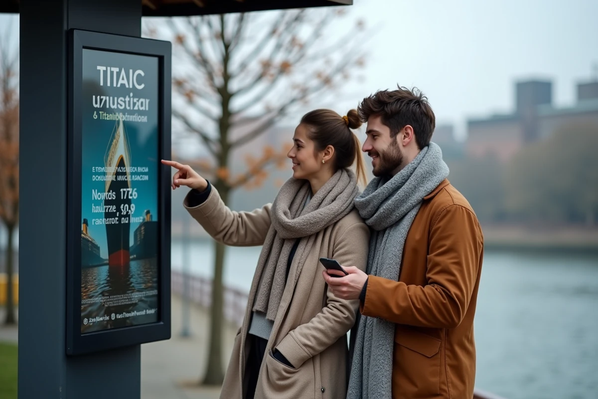 Couple achetant des billets en ligne pour l'exposition Titanic à La Sucrière au bord du Rhône à Lyon