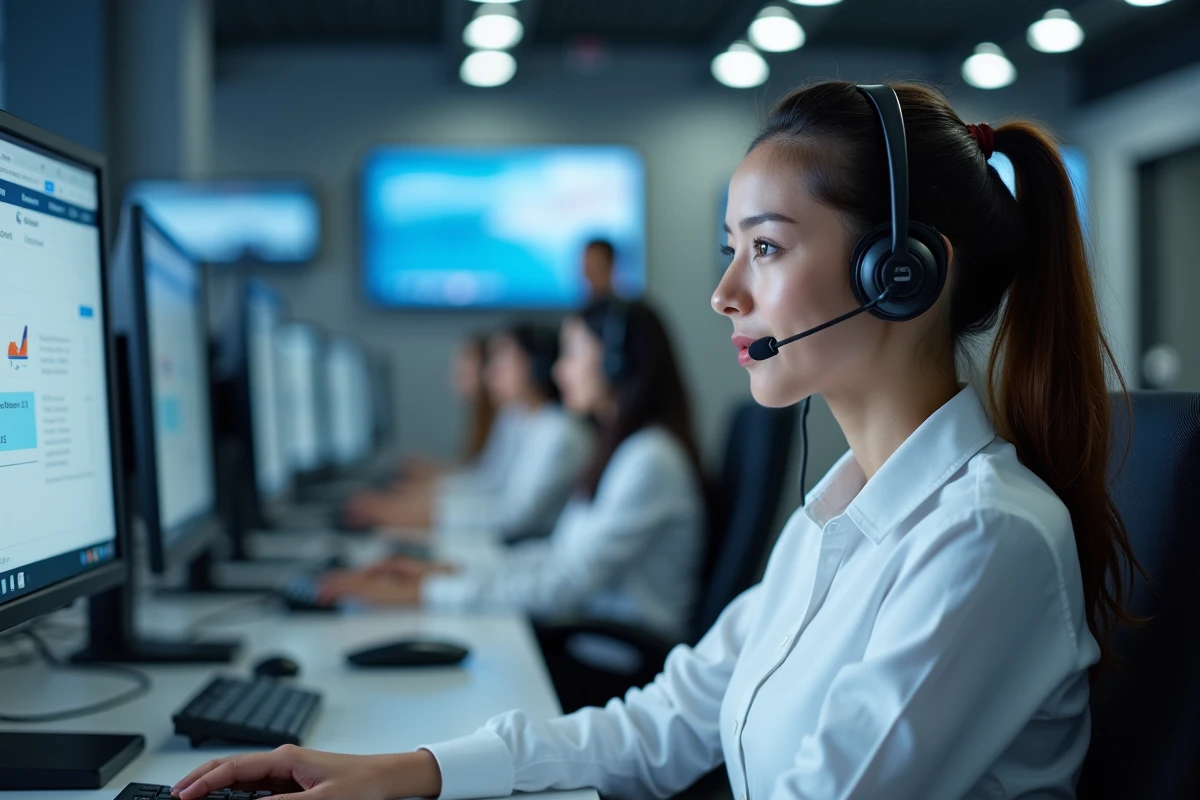 Agente de centre d'appels Air Algérie avec casque audio devant un écran de réservation de vols
