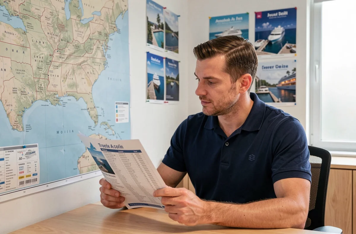 Agent de voyage expliquant un itinéraire de croisière aux États-Unis sur une carte murale