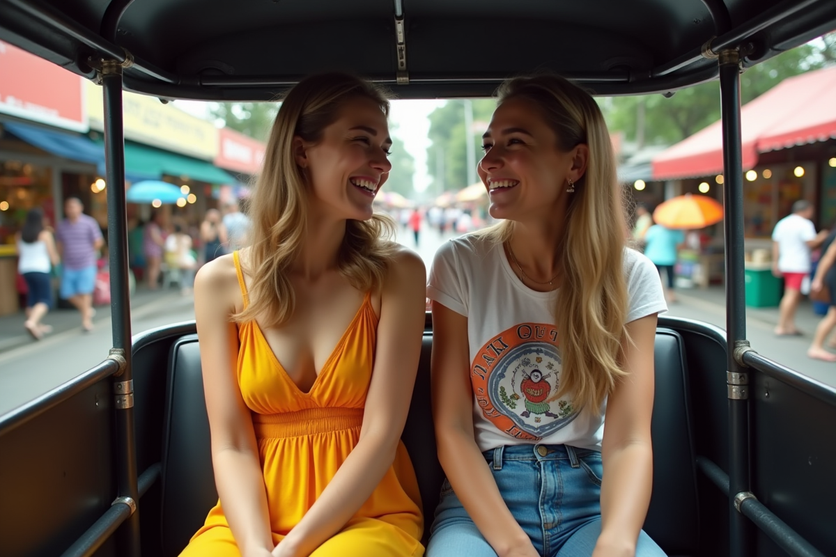 Deux jeunes femmes riant dans un tuk tuk en marché animé