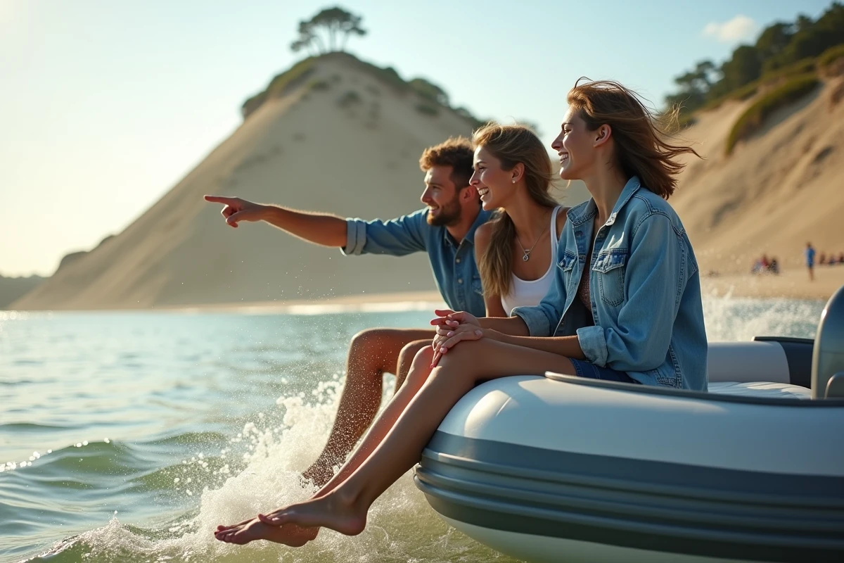 Jeunes amis sur un bateau regardant la Dune du Pilat