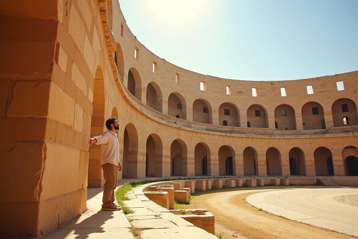 Amphithéâtre romain d'El Jem en Tunisie avec touriste admirant les arches monumentales en pierre dorée