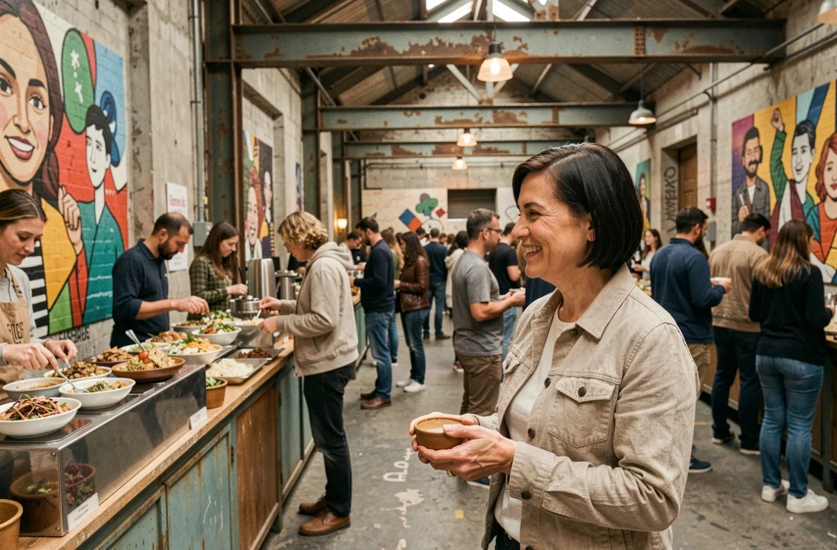 Halle gastronomique branchée dans un entrepôt réhabilité d'Amsterdam avec foule locale et stands artisanaux