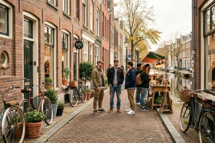 Quartier tendance d'Amsterdam en 2026 avec boutiques branchées et vélos le long d'un canal pavé