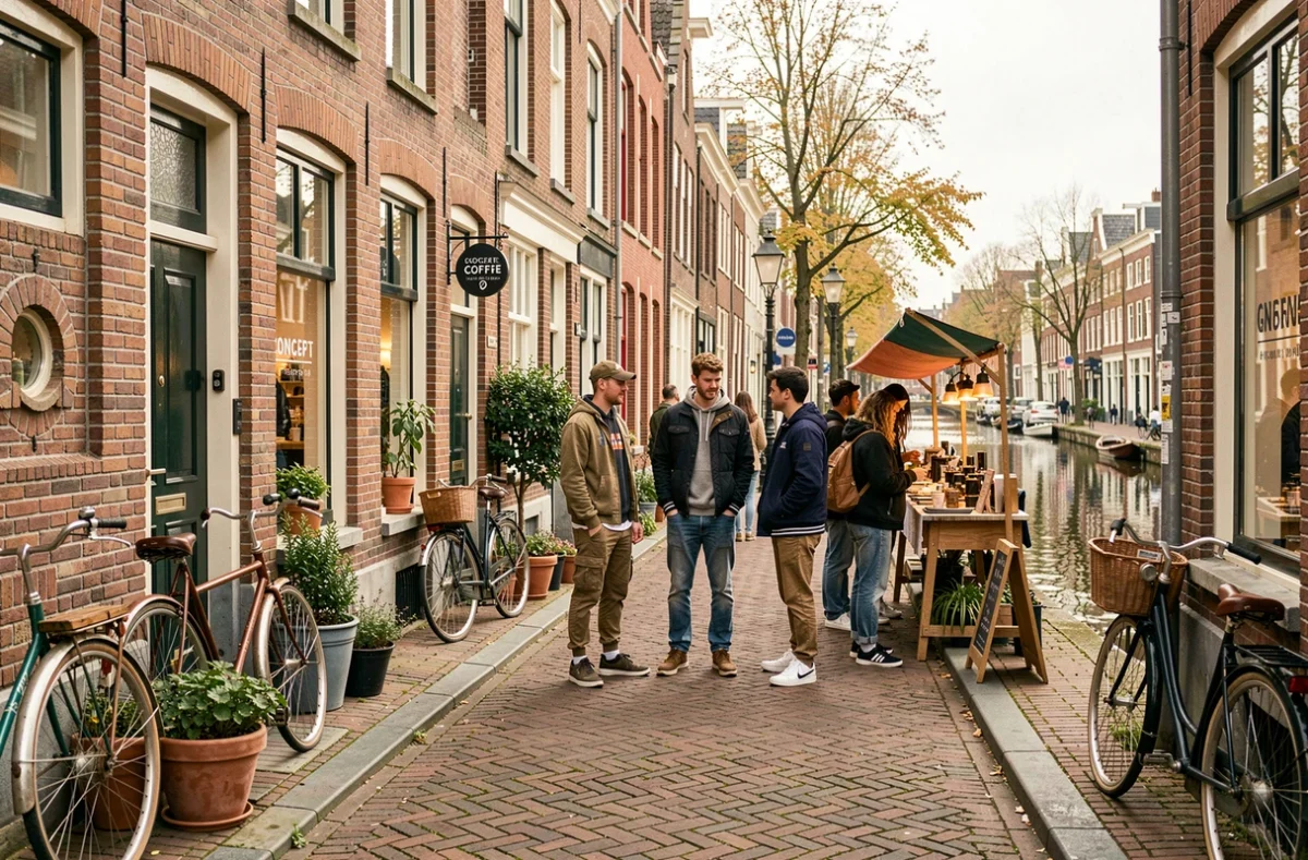Quartier tendance d'Amsterdam en 2026 avec boutiques branchées et vélos le long d'un canal pavé