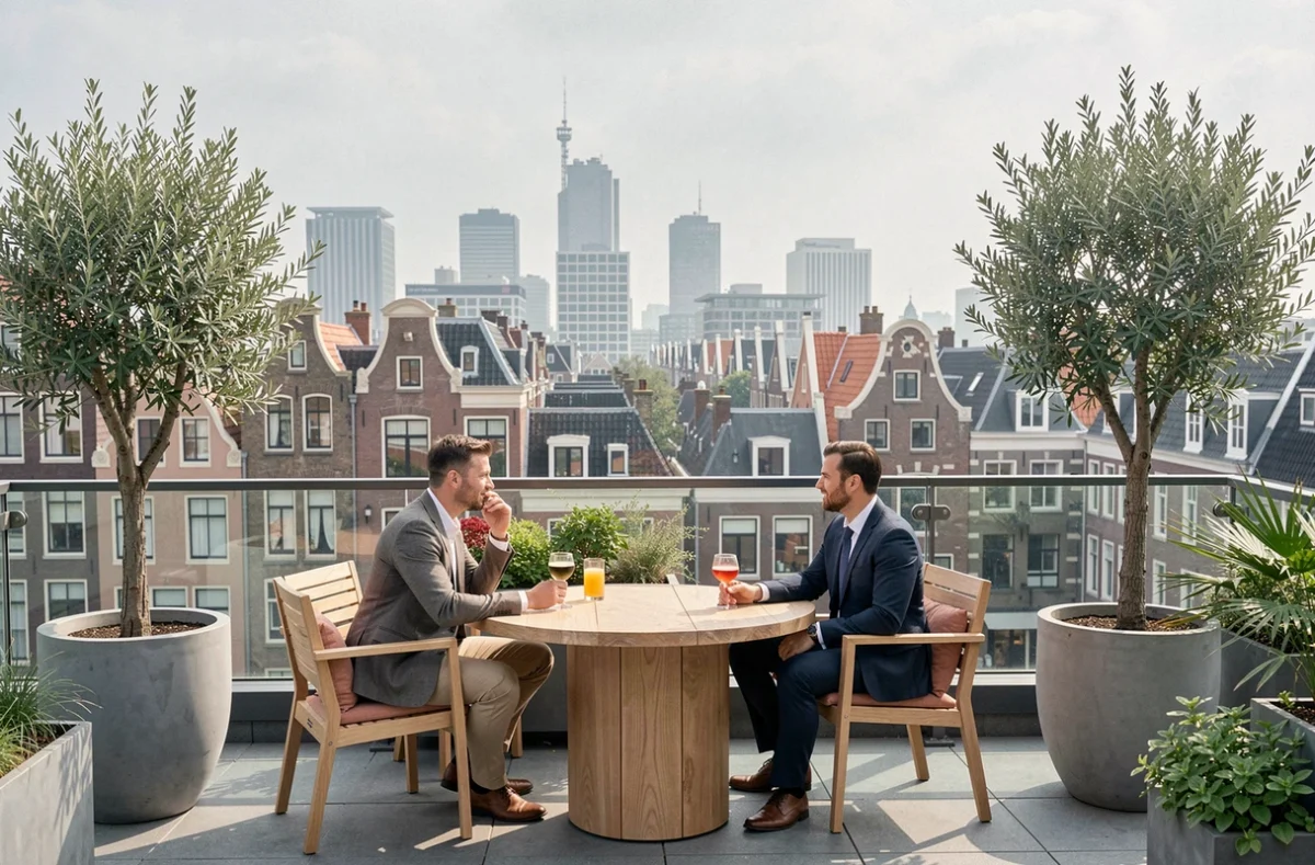 Terrasse rooftop tendance à Amsterdam en 2026 avec vue sur les toits et ambiance décontractée