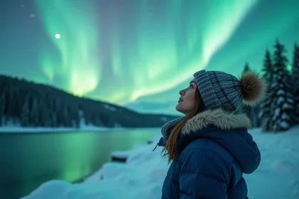 Femme regardant l'aurore boréale dans un paysage glacé