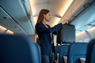 Femme rangeant un bagage cabine dans le compartiment supérieur d'un avion Air France
