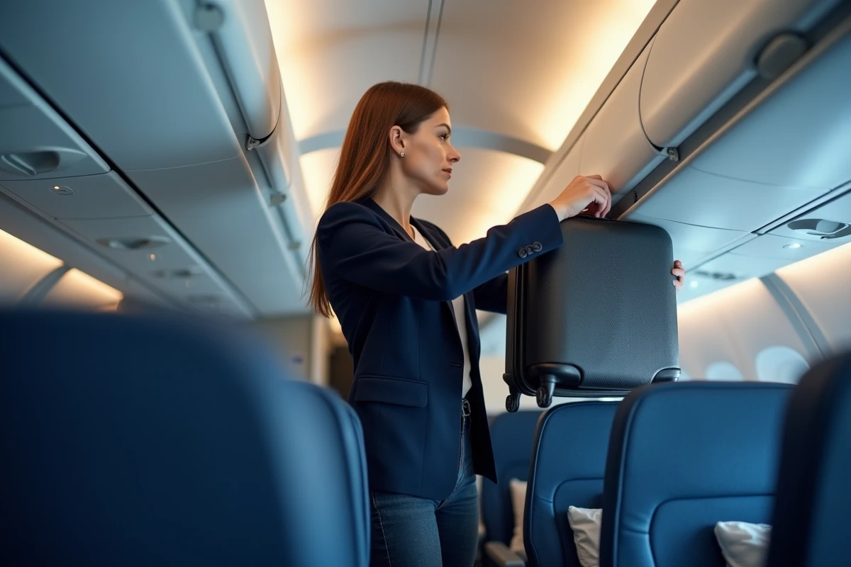 Femme rangeant un bagage cabine dans le compartiment supérieur d'un avion Air France