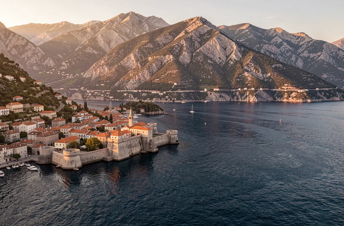 Baie de Kotor au coucher du soleil, vieille ville au pied des montagnes