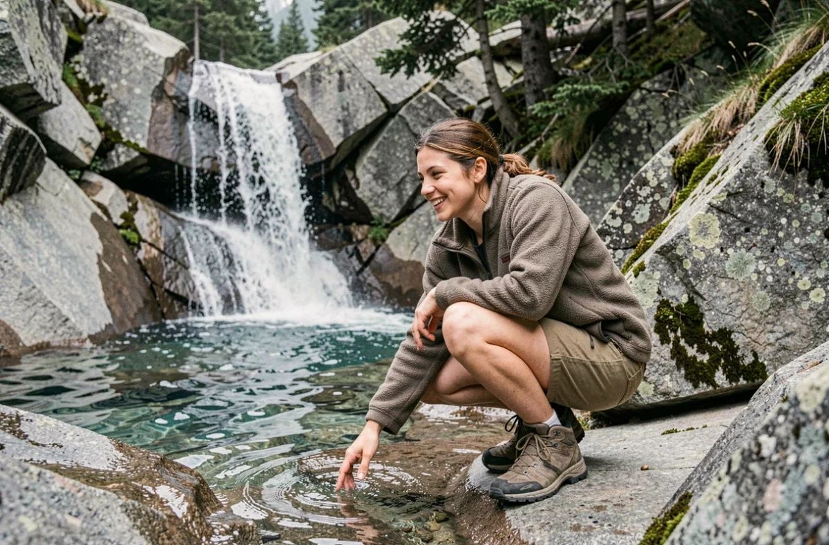 Femme trempant la main dans un bassin naturel au pied d'une cascade accessible en Haute-Savoie