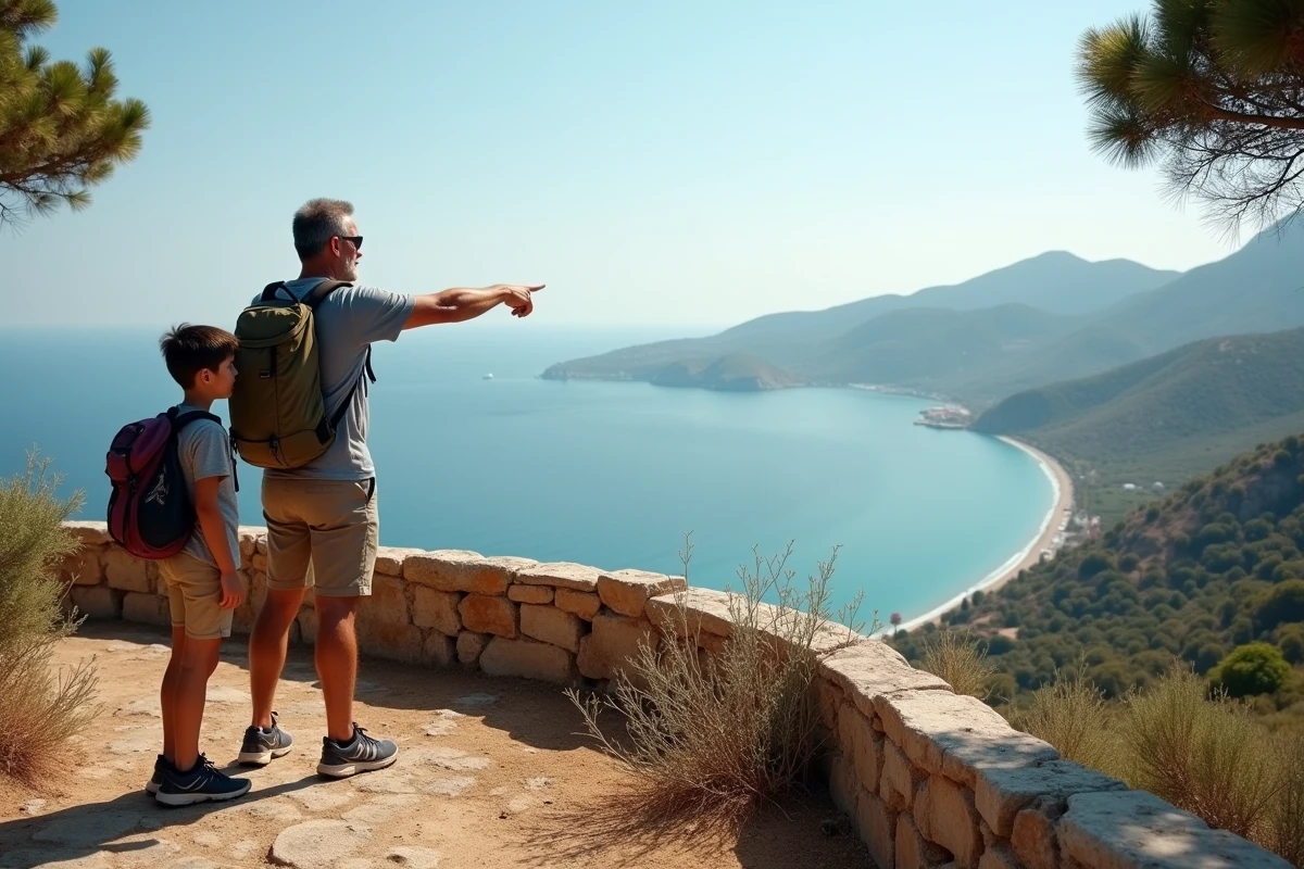 Père et fils admirant le panorama du golfe d'Ajaccio depuis un belvédère corse sur la route de Propriano