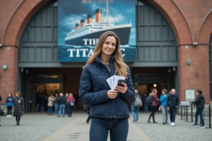 Femme tenant des billets devant l'entrée de l'exposition Titanic à La Sucrière de Lyon