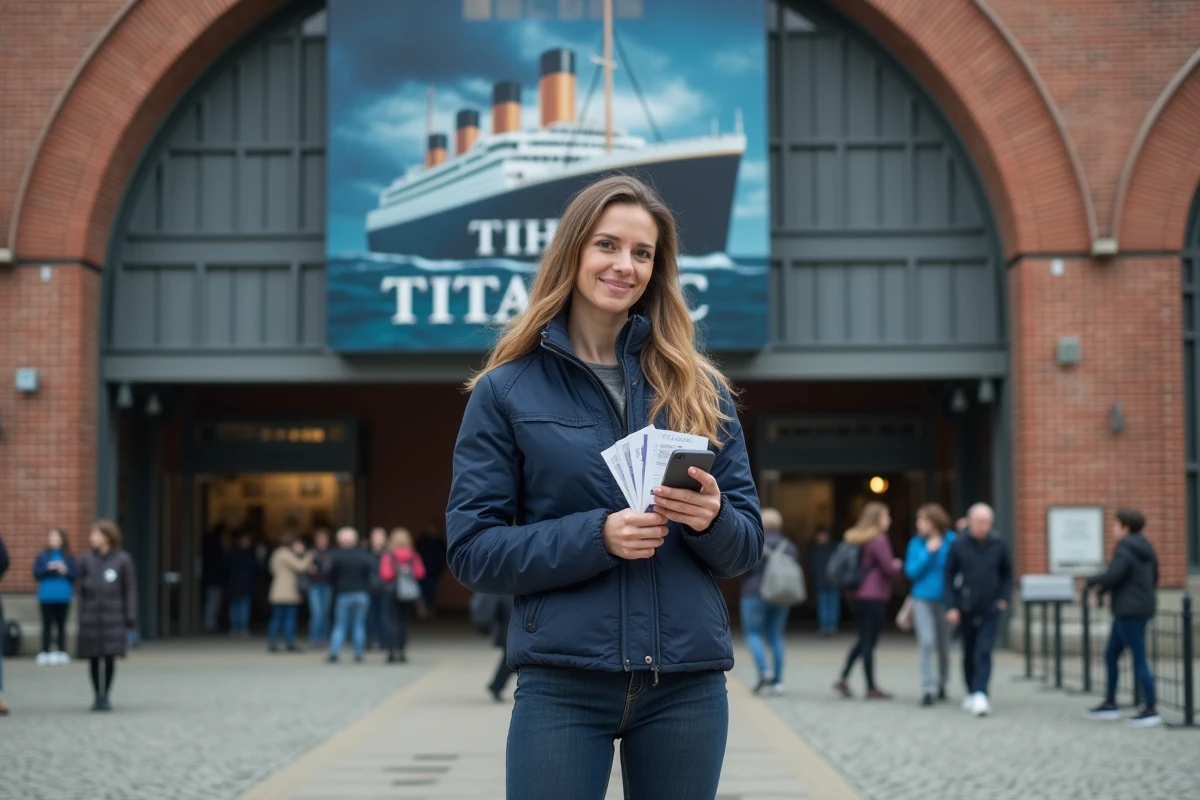 Femme tenant des billets devant l'entrée de l'exposition Titanic à La Sucrière de Lyon