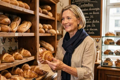 Femme tenant un croissant dans une boulangerie typique de Montmartre à Paris, ambiance chaleureuse et authentique