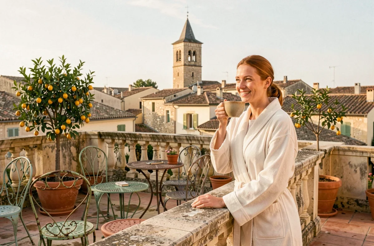 Terrasse du Boutique Hôtel Entraigues à Uzès avec vue sur les toits médiévaux et la tour Fenestrelle