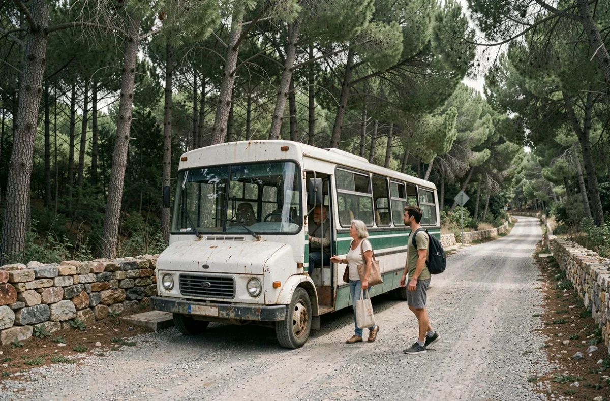 Bus local à un arrêt rural sur l'île de Mljet avec des passagers descendant dans un cadre forestier