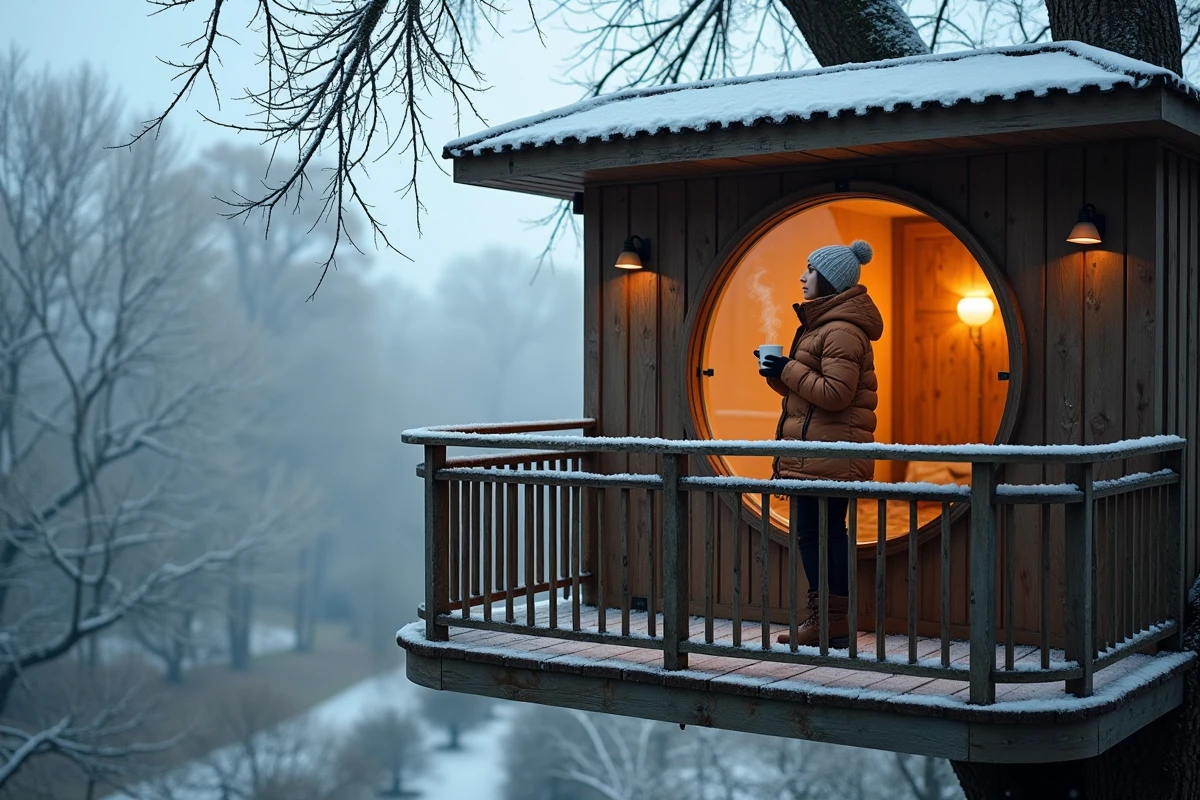 Cabane perchée insolite à Paris en hiver, femme sur la terrasse enneigée contemplant les arbres gelés