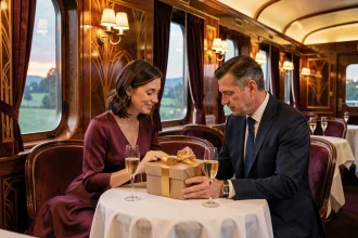 Couple élégant découvrant un cadeau d'exception à bord du wagon-restaurant de l'Orient Express, ambiance Art Déco et raffinement vintage