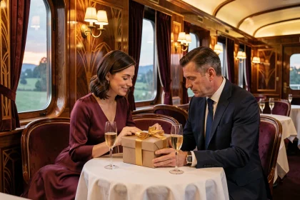 Couple élégant découvrant un cadeau d'exception à bord du wagon-restaurant de l'Orient Express, ambiance Art Déco et raffinement vintage