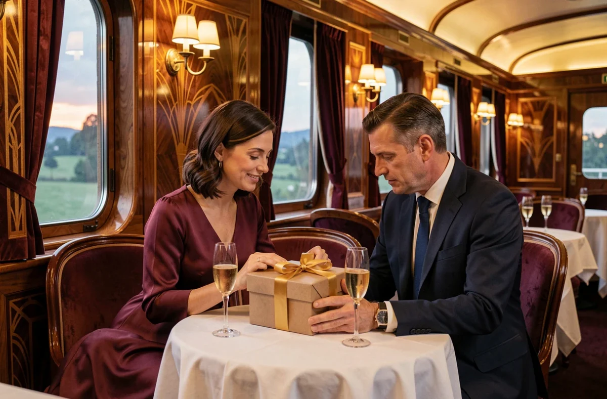 Couple élégant découvrant un cadeau d'exception à bord du wagon-restaurant de l'Orient Express, ambiance Art Déco et raffinement vintage