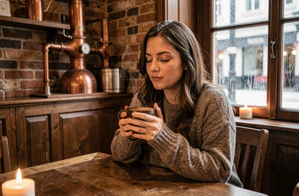 Femme savourant un chocolat chaud dans un café traditionnel belge à Gand en hiver
