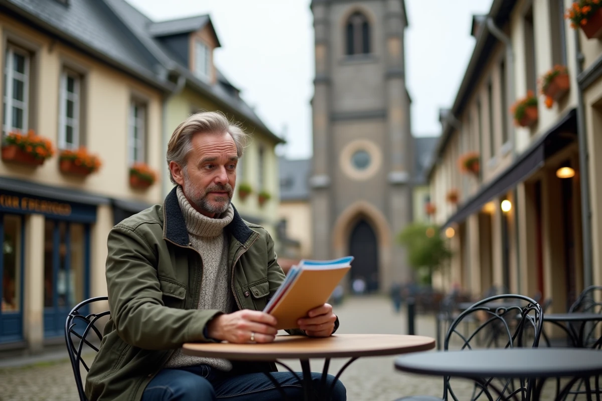 Touriste en terrasse de café près de l'église Sainte-Catherine de Honfleur avec la tour en bois visible en arrière-plan