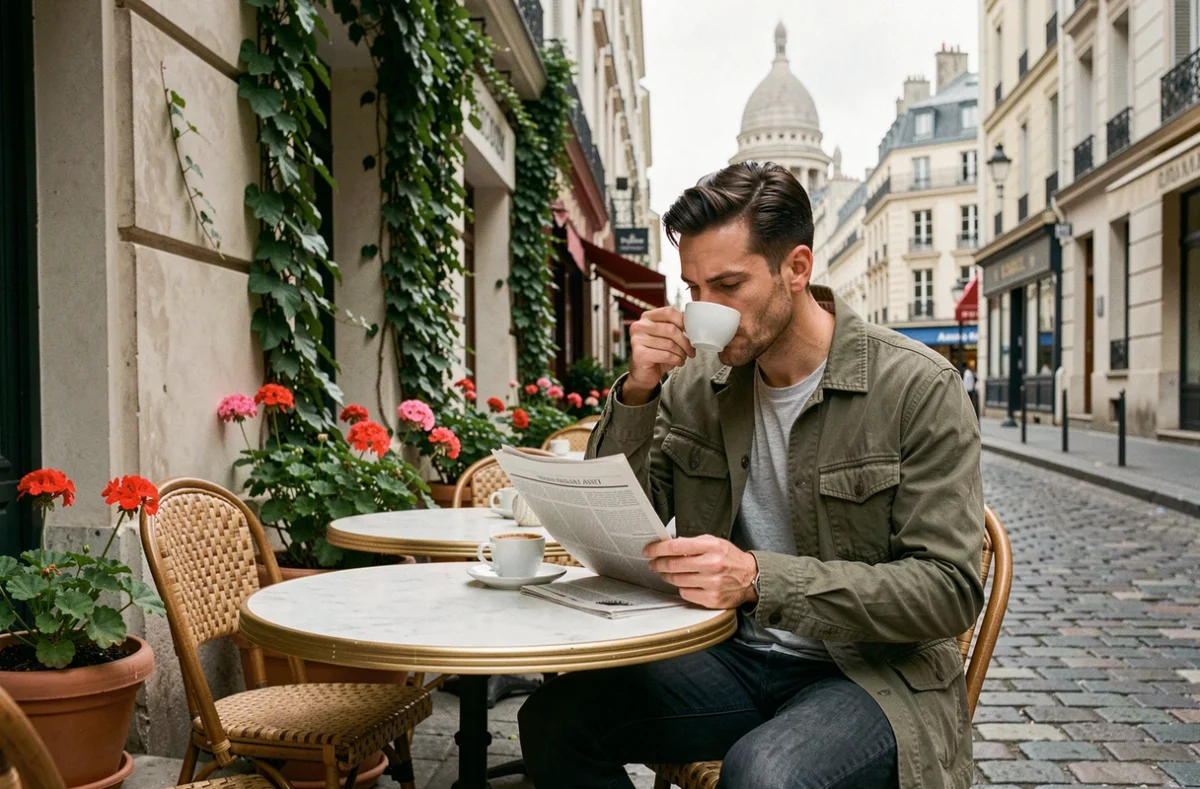 Homme savourant un espresso en terrasse d'un café typique de Montmartre avec vue sur les pavés et le Sacré-Cœur