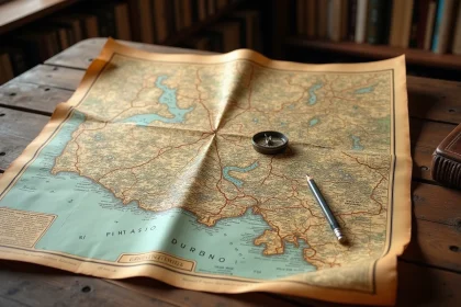 Carte imprimée de la Normandie posée sur une table en bois avec une boussole vintage et un crayon