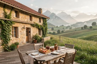 Chambre d'hôtes en pierre avec terrasse et vue panoramique sur les collines d'Auvergne-Rhône-Alpes