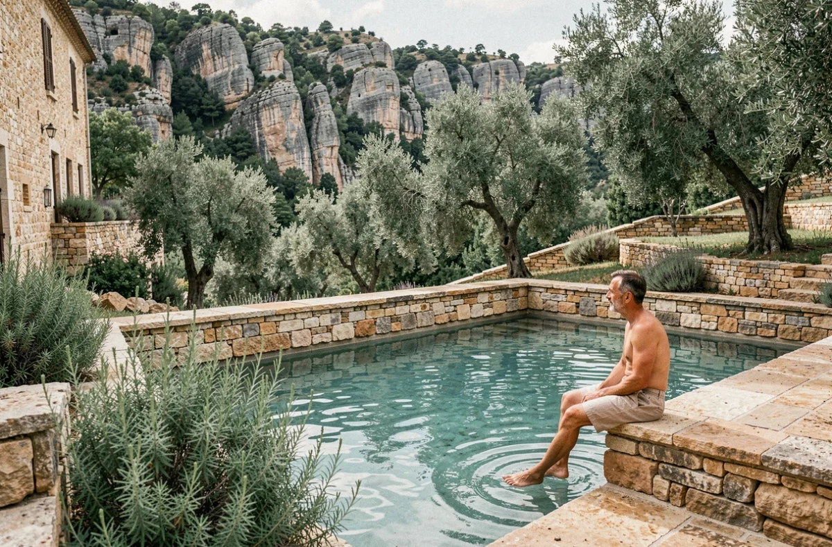 Piscine naturelle du Château Collias entourée de murs en pierres sèches et d'oliviers dans les gorges du Gard