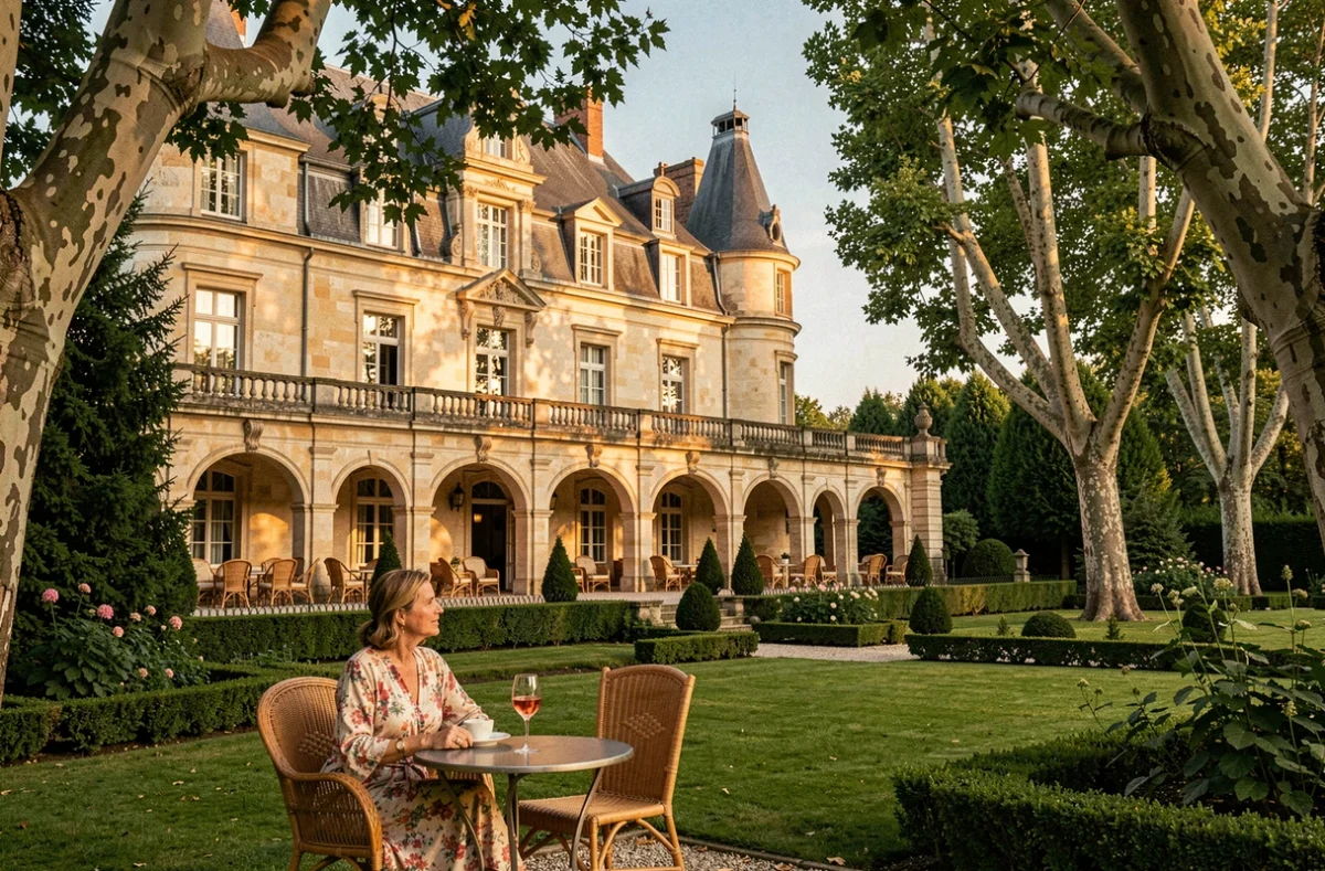 Façade du Château de Montcaud, élégant château-hôtel provençal entouré de jardins formés et de platanes centenaires