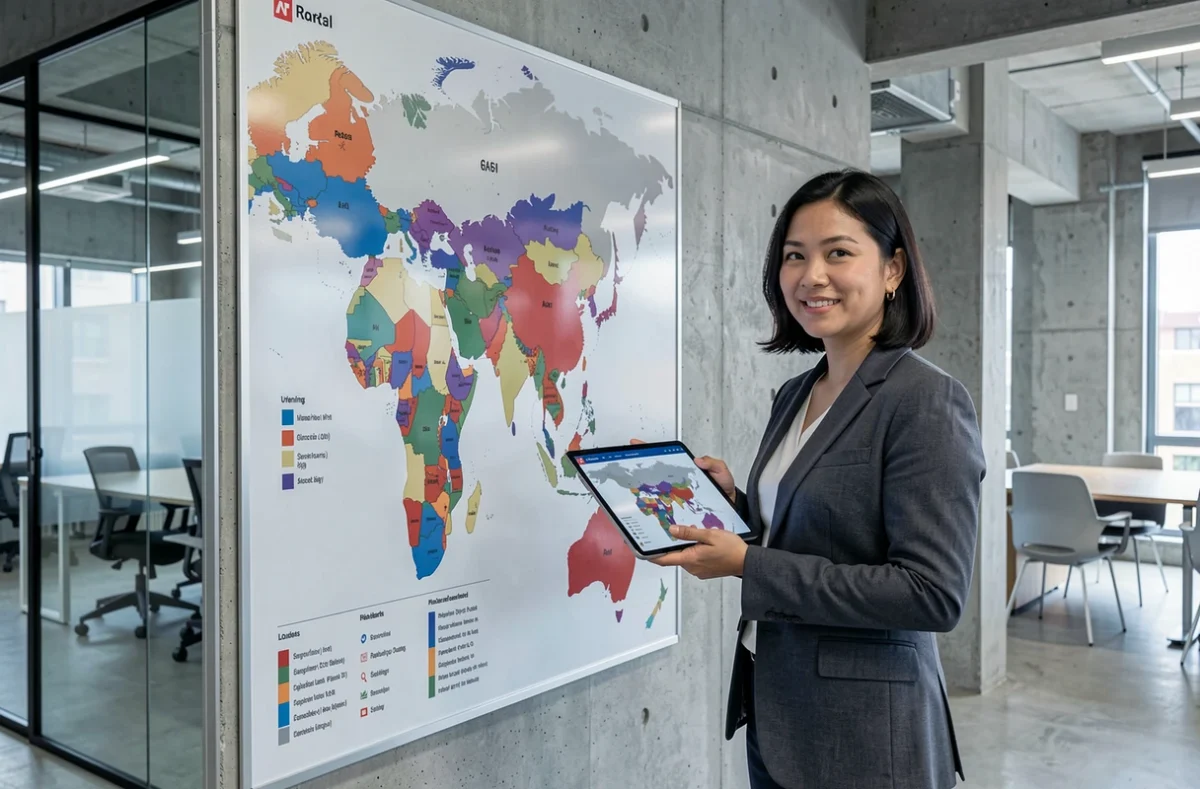 Chercheuse présentant une infographie murale sur les différentes classifications géopolitiques des pays d'Asie