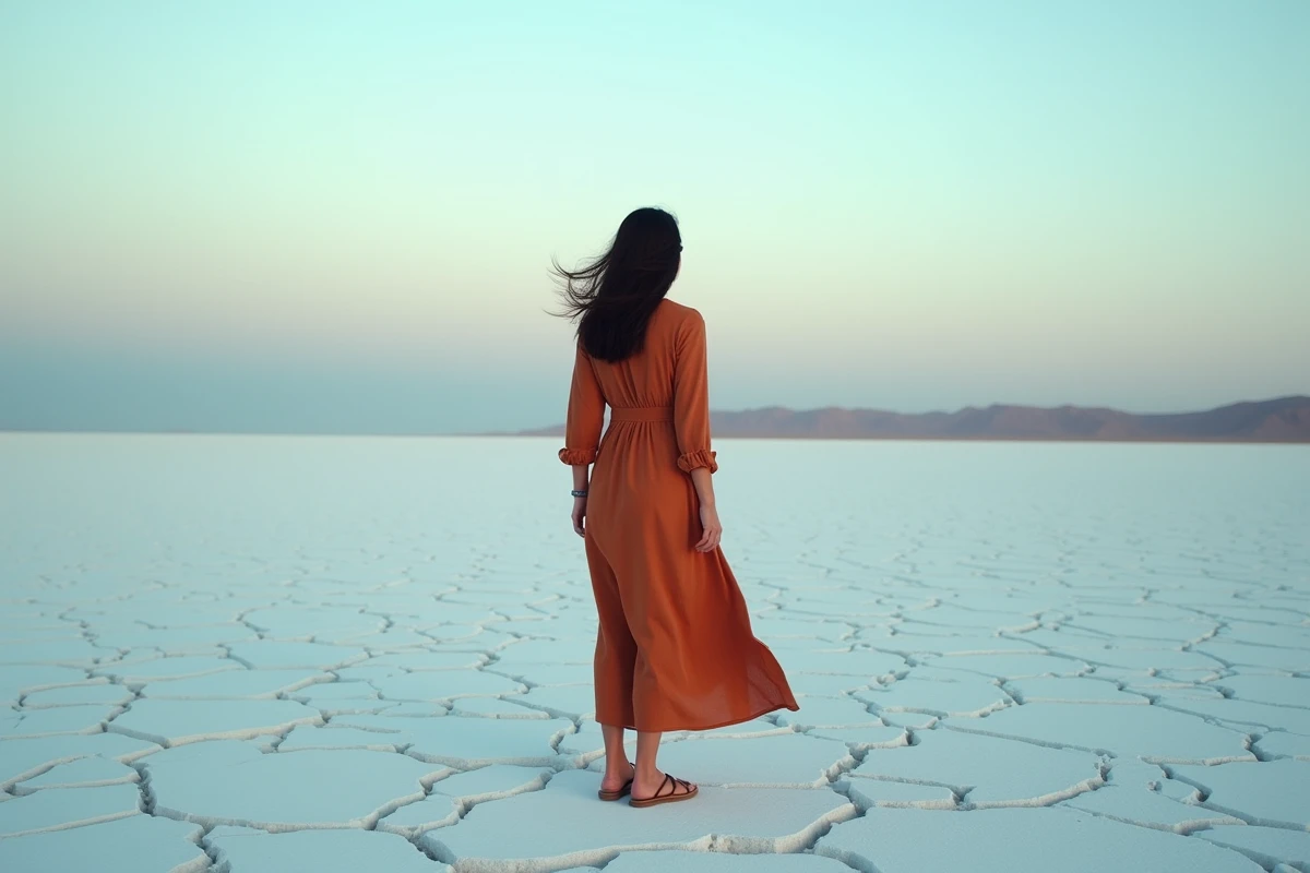 Jeune femme en robe rouille debout sur les étendues de sel du Chott el-Djerid en Tunisie au crépuscule