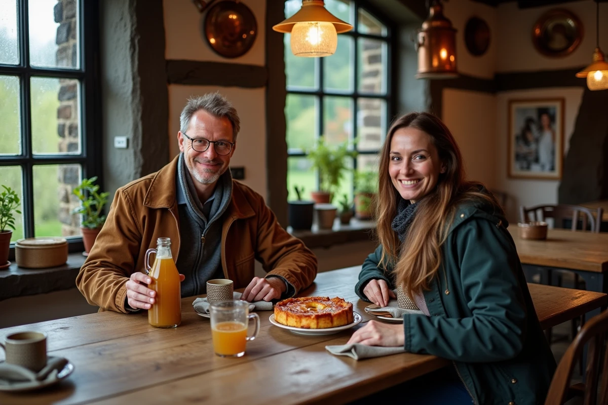 Couple dégustant du cidre normand et une tarte Tatin dans une cidrerie à colombages typique de Normandie un jour de pluie