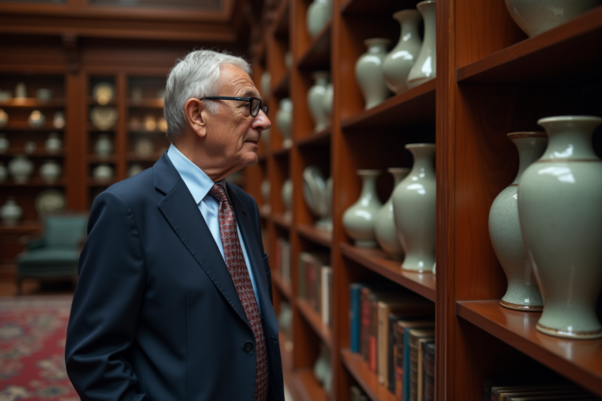 Homme age collectionneur admire ses vases anciens dans une bibliothèque