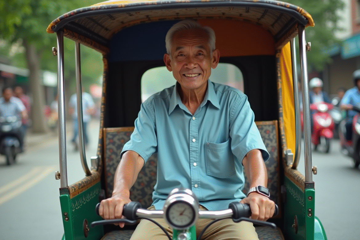 Homme d'âge moyen souriant sur son tuk tuk coloré en ville