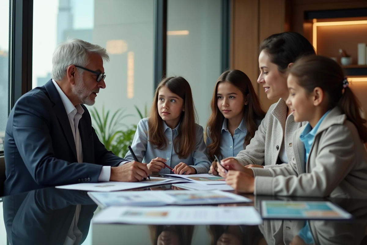 Conseiller voyage discutant avec famille dans bureau moderne