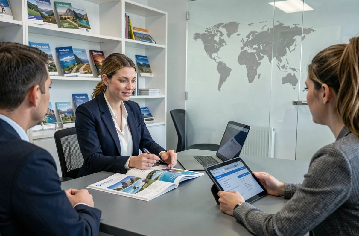 Conseillère voyage Selectour expliquant les garanties et assurances d'un séjour tout compris à des clients en agence
