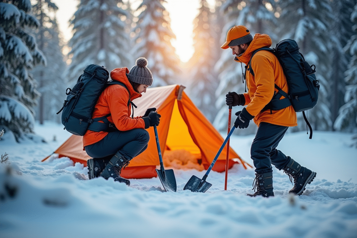 Homme et femme construisant un abri de neige dans la forêt