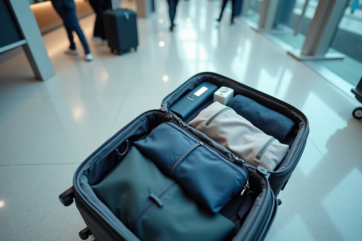 Valise cabine ouverte et organisée avec vêtements et accessoires de voyage pour un vol Air France