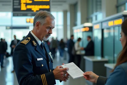 Agent de sécurité du CMN à Casablanca vérifiant les documents de voyage d'un passager au contrôle frontalier