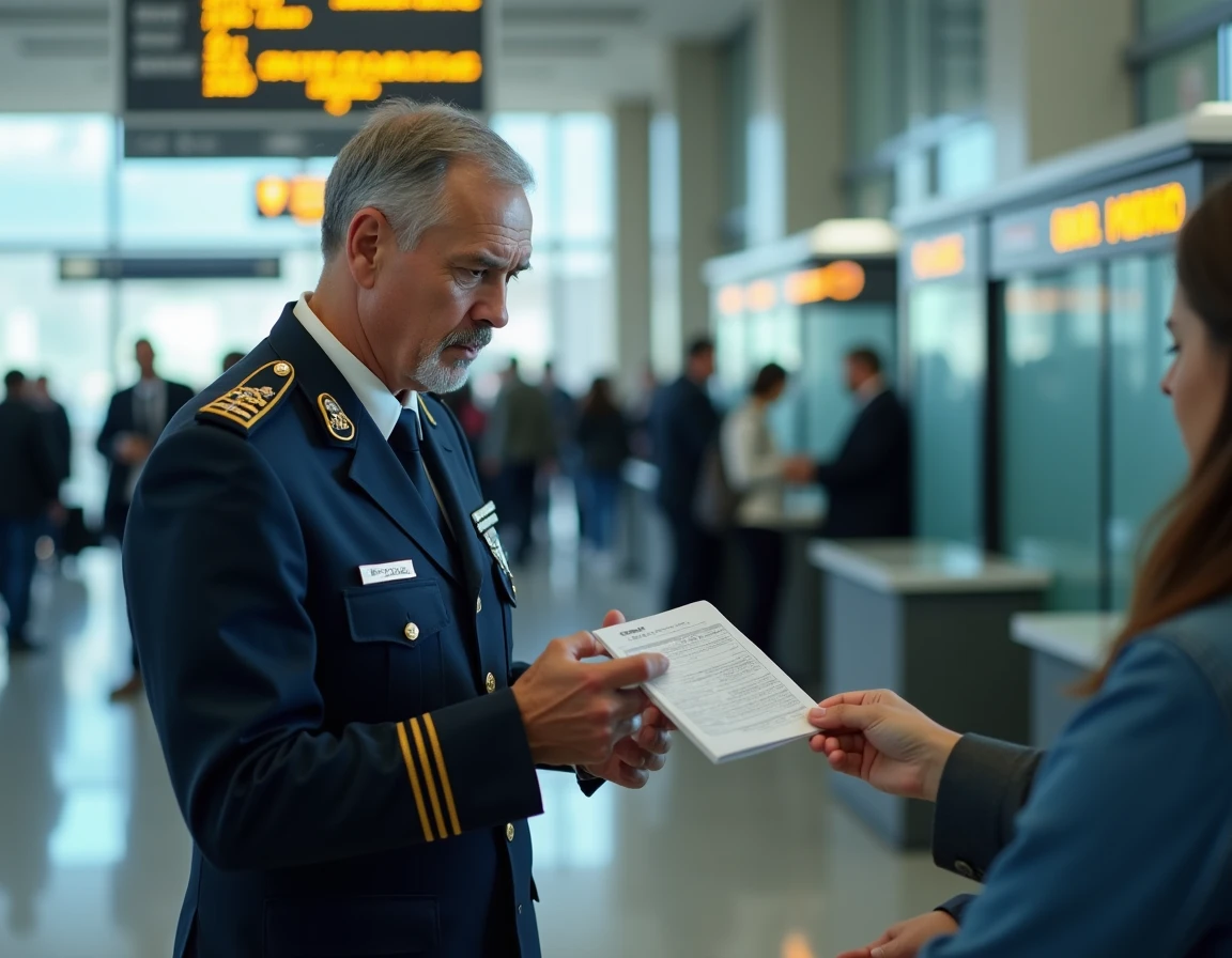 Agent de sécurité du CMN à Casablanca vérifiant les documents de voyage d'un passager au contrôle frontalier