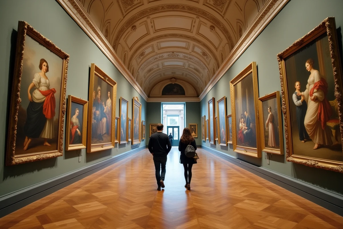 Couloir majestueux d'un musée d'art viennois avec peintures académiques et visiteurs