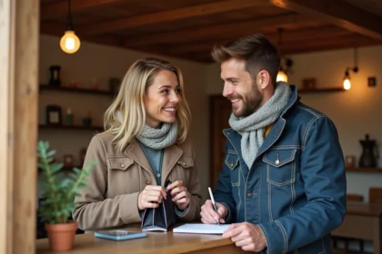 Jeune couple souriant à l'accueil d'une maison d'hôtes alsacienne