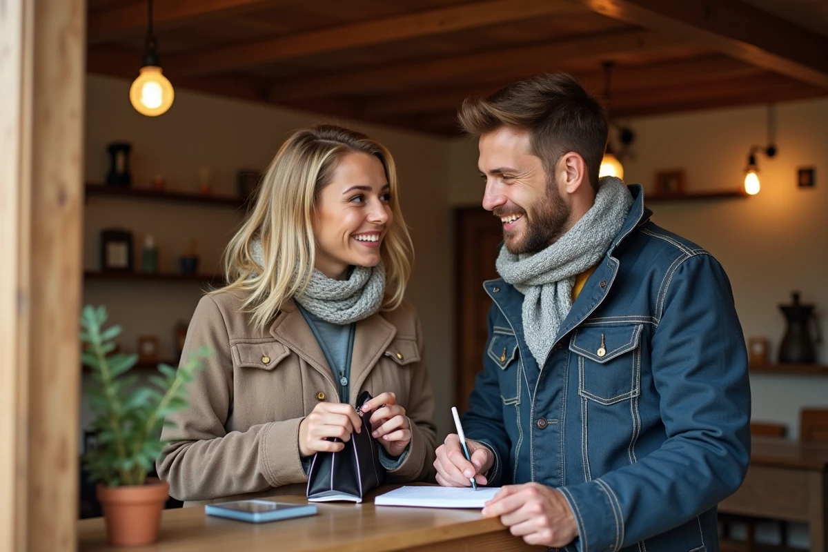 Jeune couple souriant à l'accueil d'une maison d'hôtes alsacienne