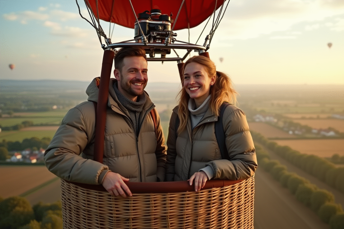 Couple souriant dans une nacelle de montgolfiere en campagne