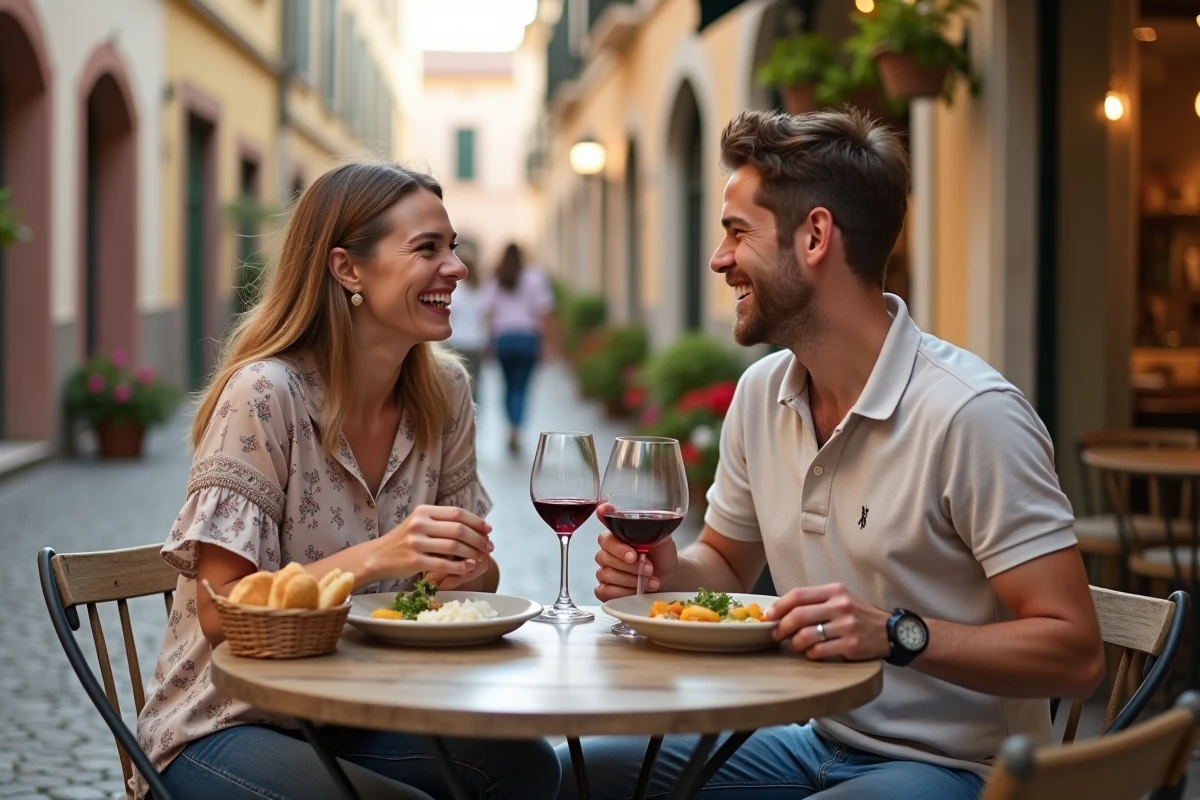 Couple attablé en terrasse de café dans une place de village européen pour un séjour romantique abordable