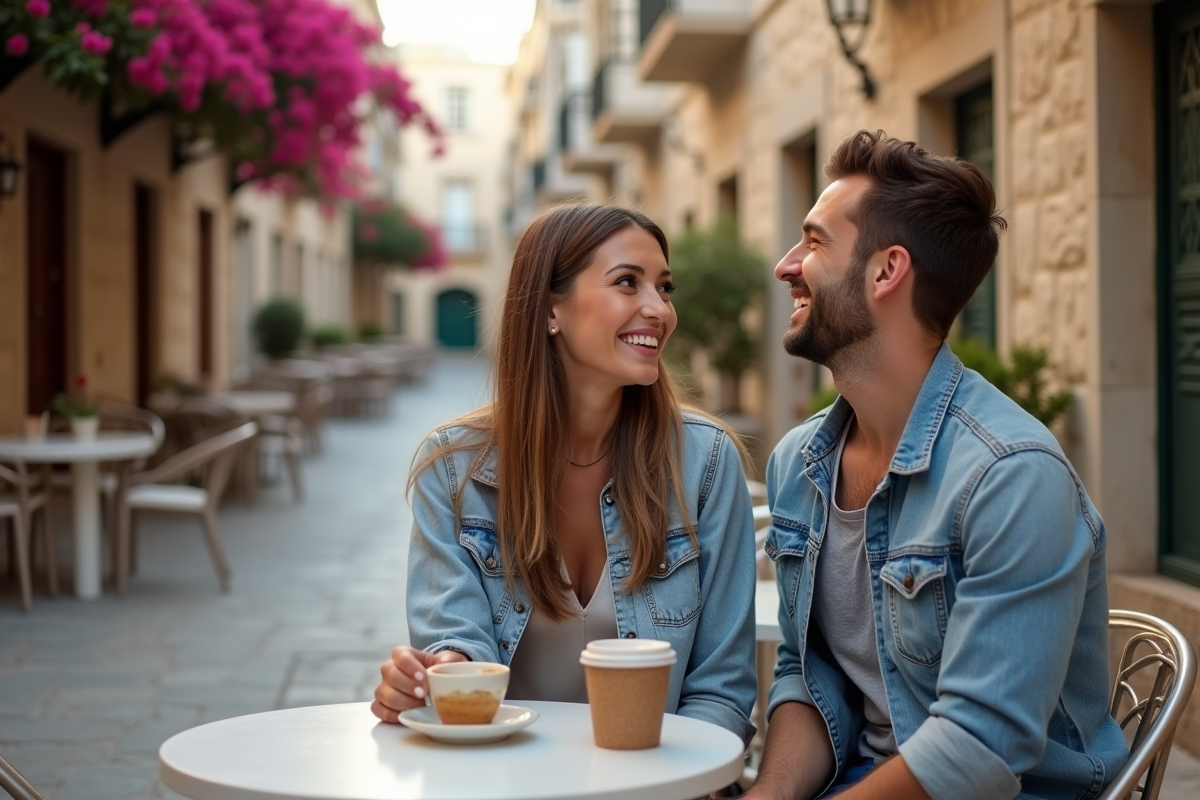 Couple riant dans un café en Crète avec bougainvilliers