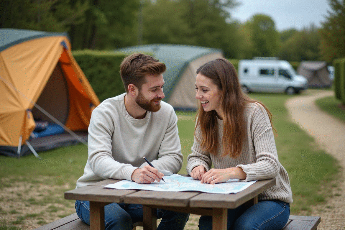 Jeune couple discutant avec carte au camping en plein air
